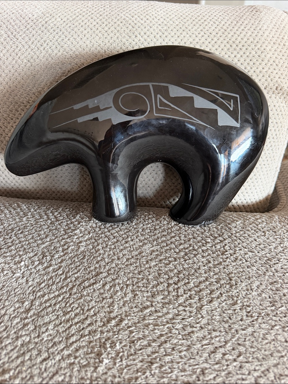 Black Polished Bear Sculpture with Etched Design